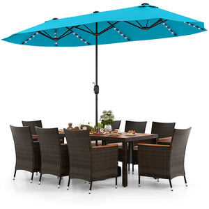 11 Pieces Patio Dining Set 15ft Double-Sided Patio Umbrella (Base Included) and Outdoor Rattan Furniture Set with 8 Stackable Chairs-Turquoise view 4