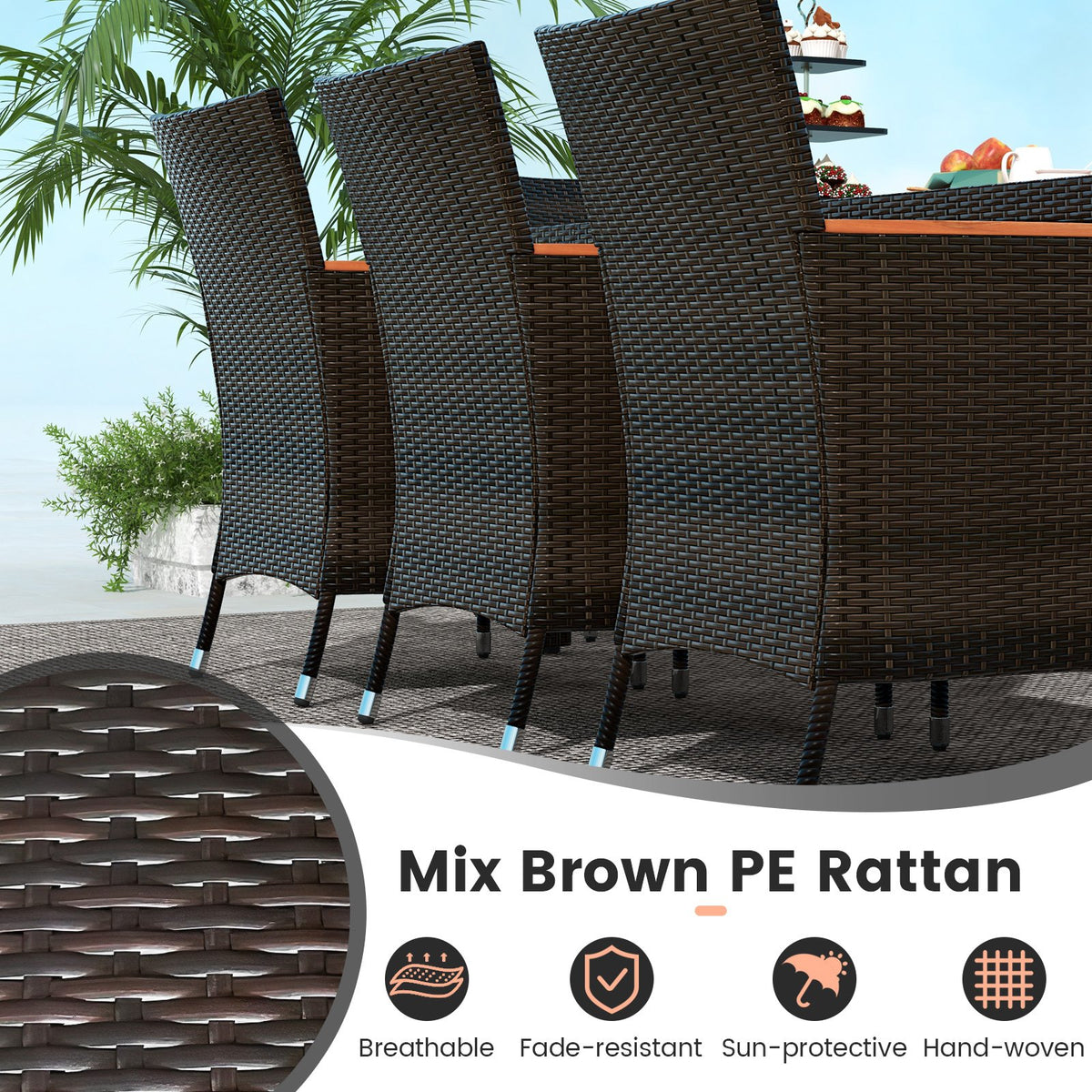 11 Pieces Patio Dining Set 15ft Double-Sided Patio Umbrella (Base Included) and Outdoor Rattan Furniture Set with 8 Stackable Chairs-Turquoise view 8
