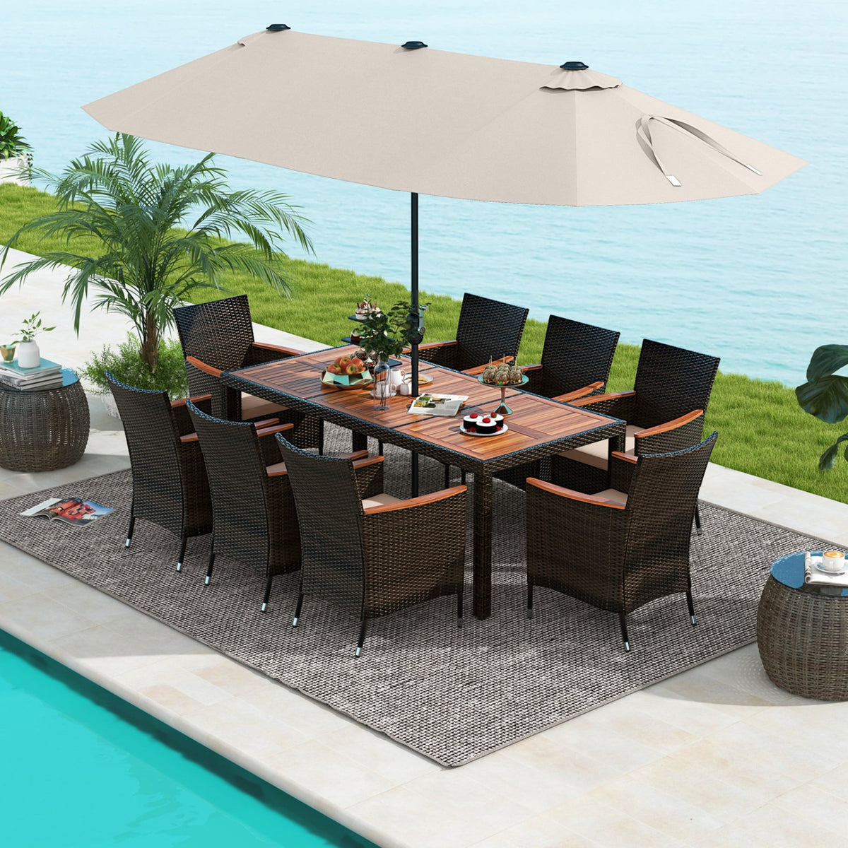 11 Pieces Patio Dining Set with 15 Feet Double-Sided Patio Umbrella and Base-Beige view 2
