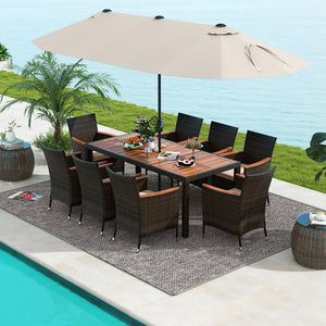 11 Pieces Patio Dining Set with 15 Feet Double-Sided Patio Umbrella and Base-Beige view 2