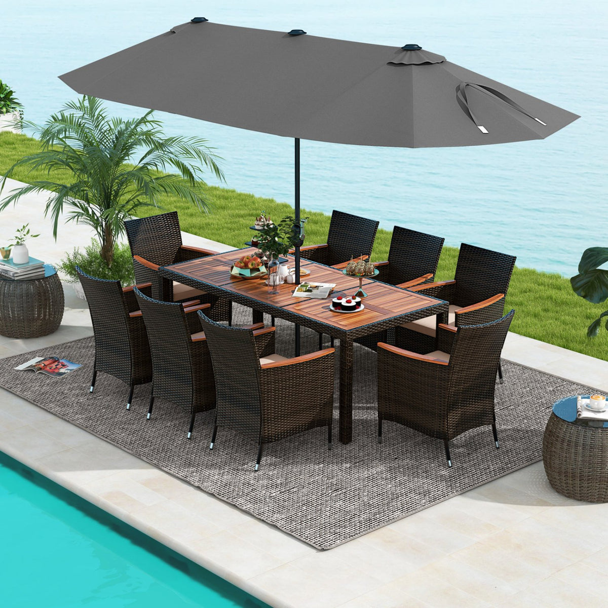 11 Pieces Patio Dining Set with 15 Feet Double-Sided Patio Umbrella and Base-Gray view 2