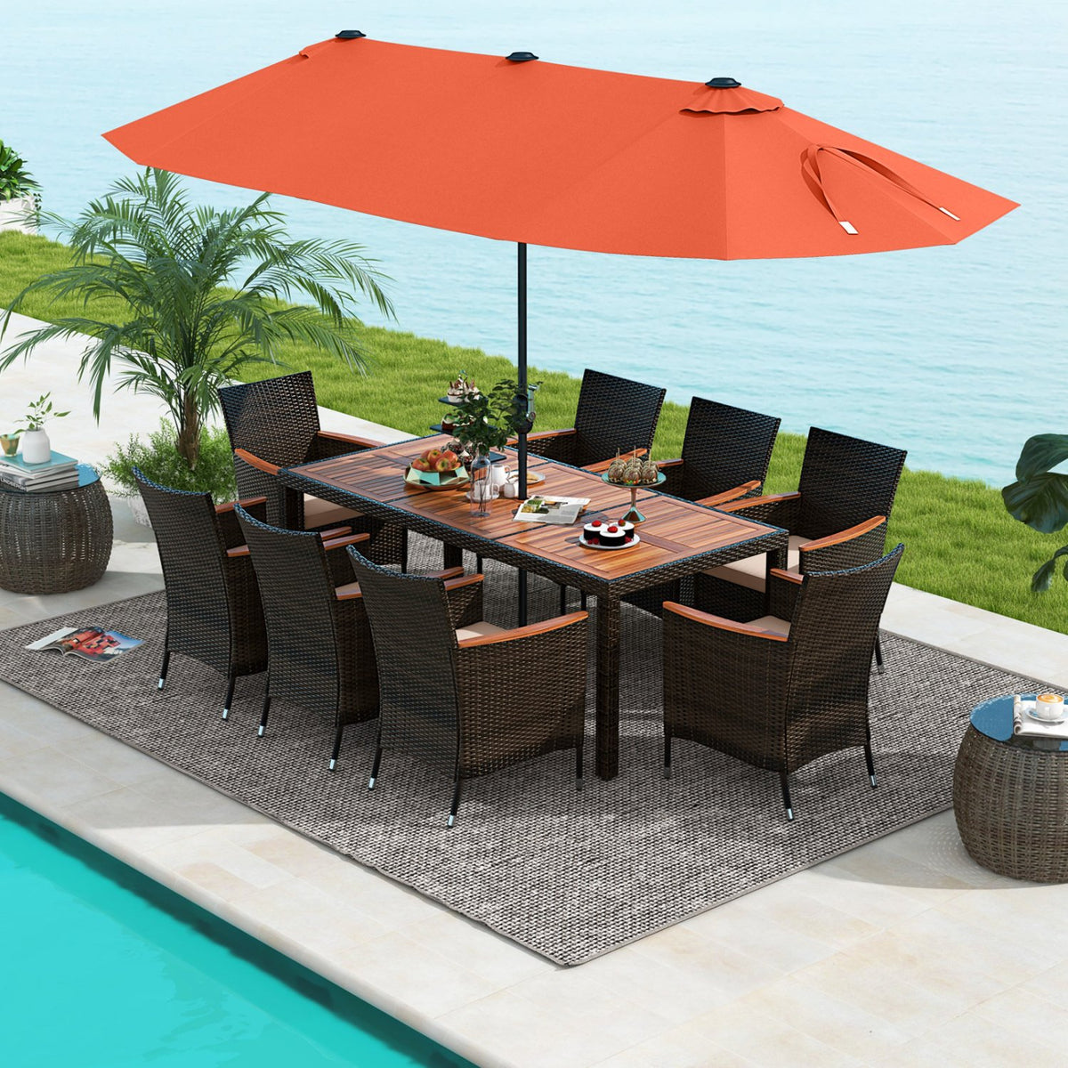 11 Pieces Patio Dining Set with 15 Feet Double-Sided Patio Umbrella and Base-Orange view 2