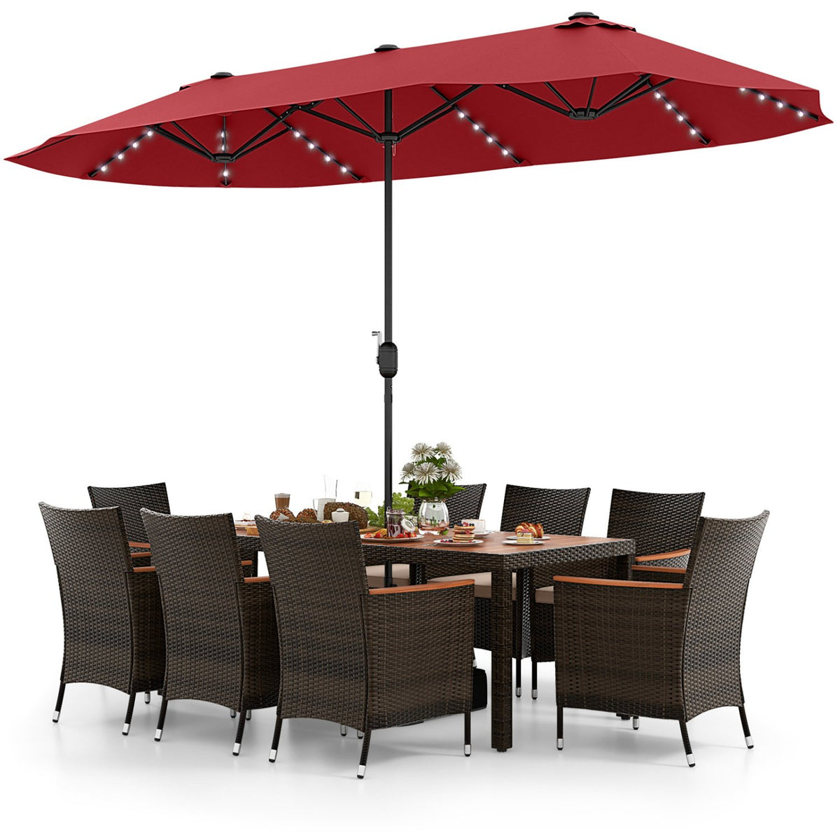 11 Pieces Patio Dining Set with 15 Feet Double-Sided Patio Umbrella and Base-Wine view 4