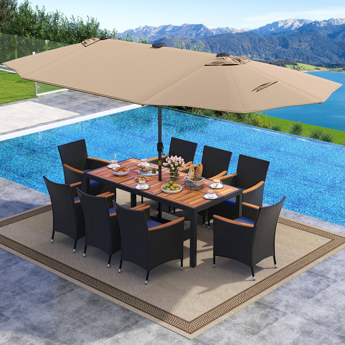 11 Pieces Patio Dining Set with LED Patio Umbrella with Base and Seat Cushions (Navy)-Coffee view 2