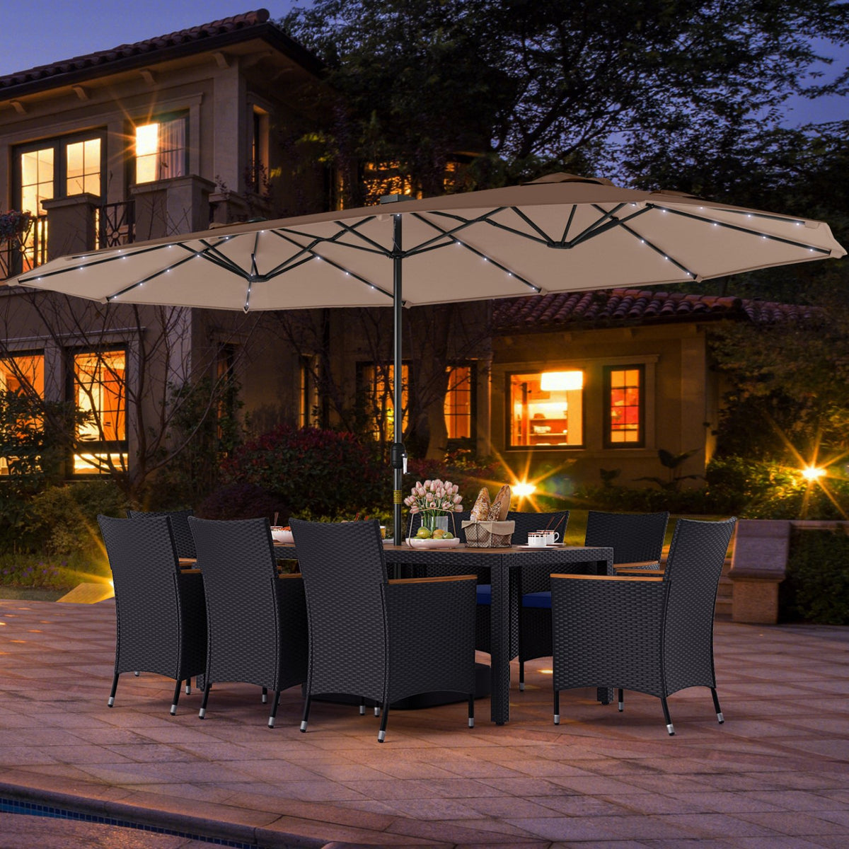 11 Pieces Patio Dining Set with LED Patio Umbrella with Base and Seat Cushions (Navy)-Coffee view 3