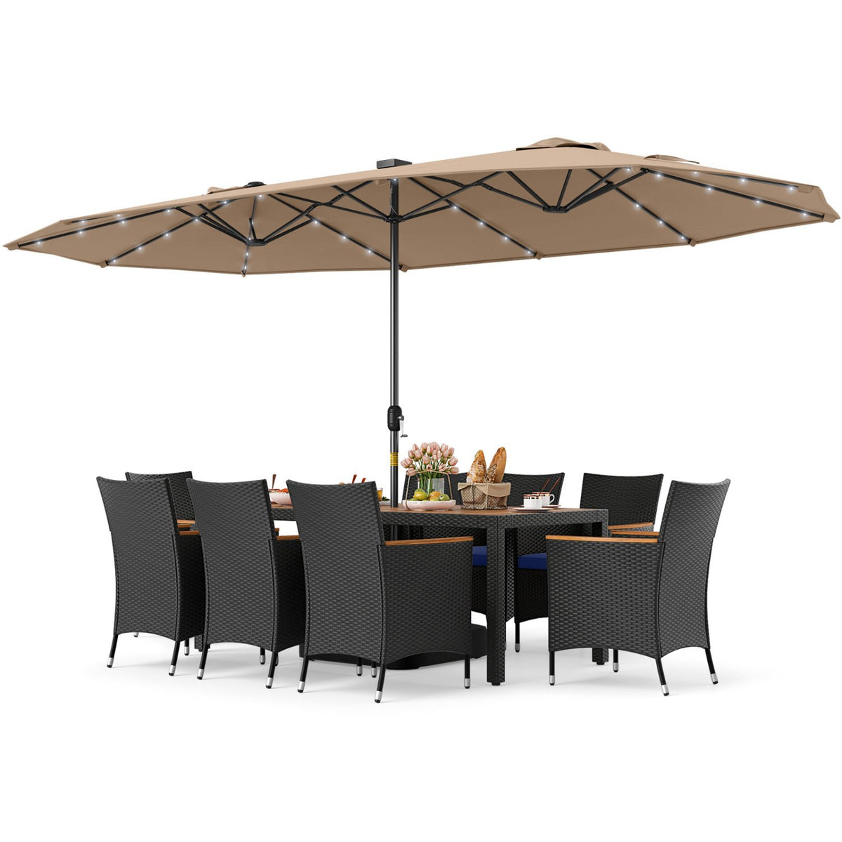 11 Pieces Patio Dining Set with LED Patio Umbrella with Base and Seat Cushions (Navy)-Coffee view 4
