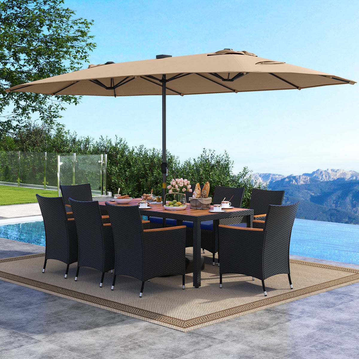 11 Pieces Patio Dining Set with LED Patio Umbrella with Base and Seat Cushions (Navy)-Coffee view 6