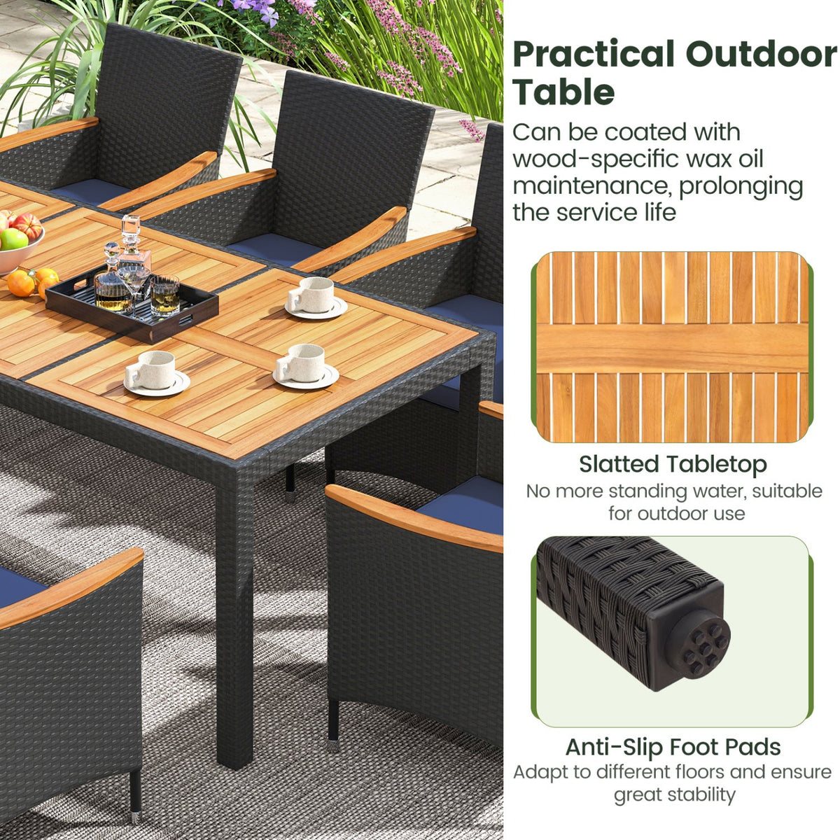 11 Pieces Patio Dining Set with LED Patio Umbrella with Base and Seat Cushions (Navy)-Coffee view 8