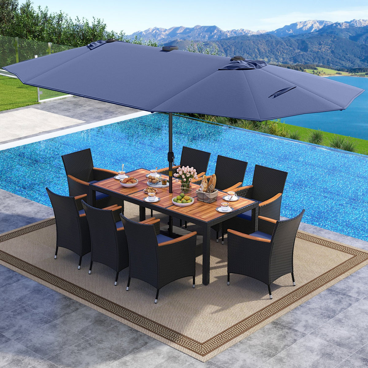 11 Pieces Patio Dining Set with LED Patio Umbrella with Base and Seat Cushions (Navy)-Navy view 3