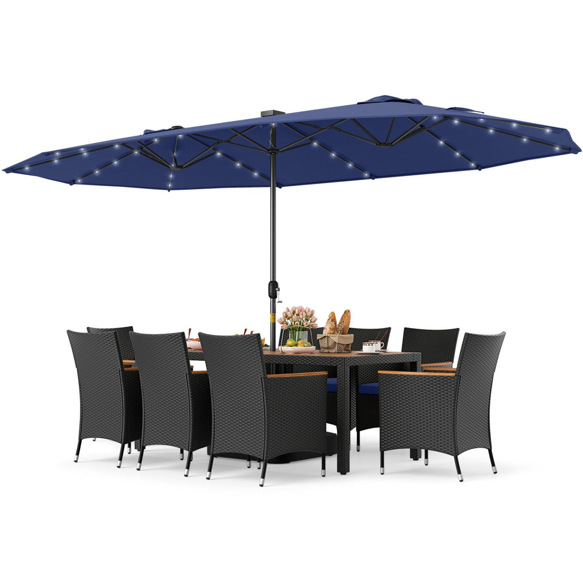 11 Pieces Patio Dining Set with LED Patio Umbrella with Base and Seat Cushions (Navy)-Navy view 4