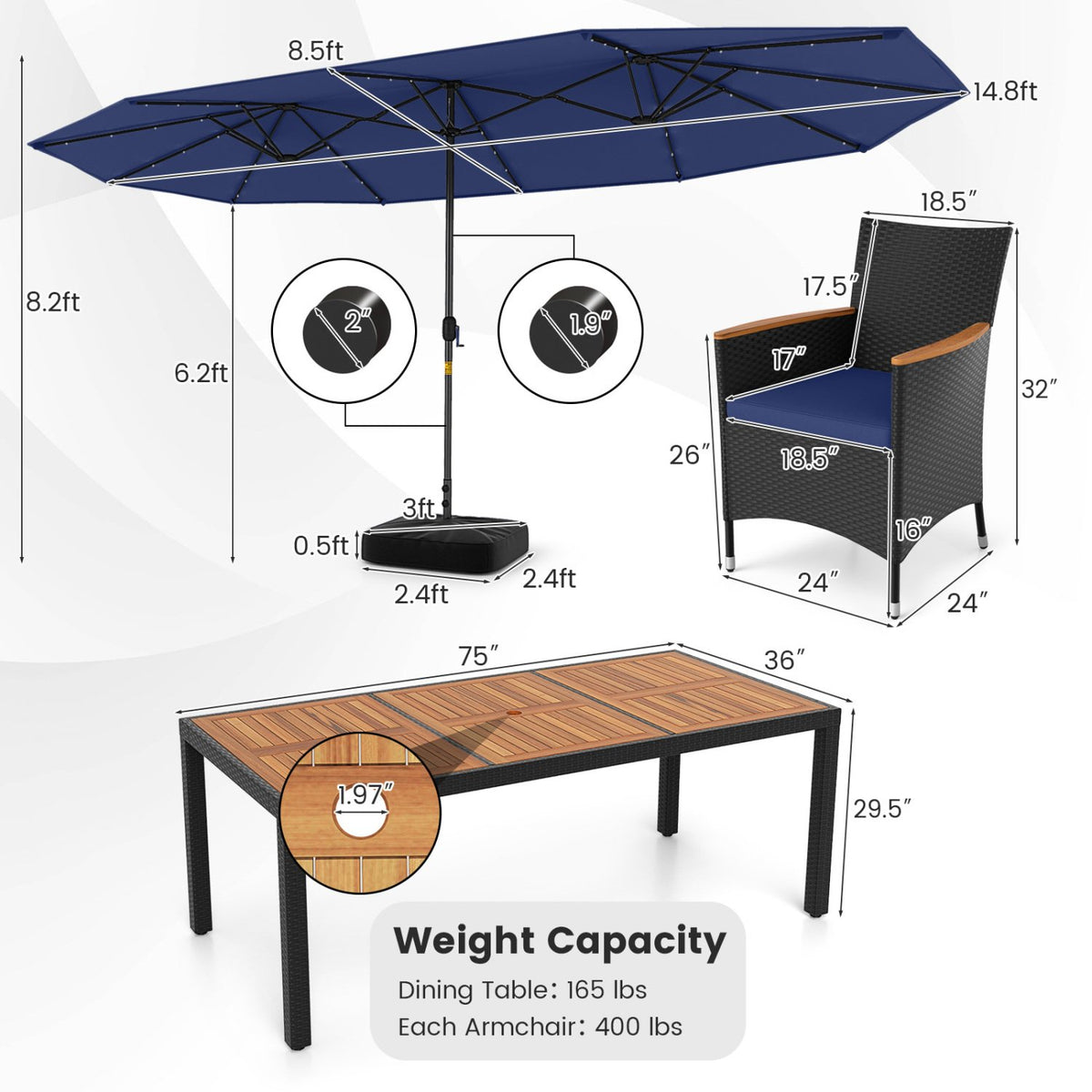 11 Pieces Patio Dining Set with LED Patio Umbrella with Base and Seat Cushions (Navy)-Navy view 5