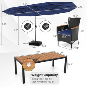 11 Pieces Patio Dining Set with LED Patio Umbrella with Base and Seat Cushions (Navy)-Navy view 5