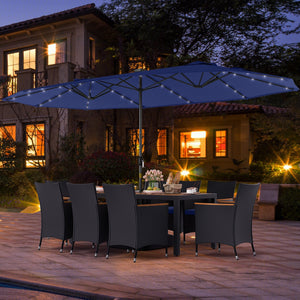 11 Pieces Patio Dining Set with LED Patio Umbrella with Base and Seat Cushions (Navy)-Navy view 6
