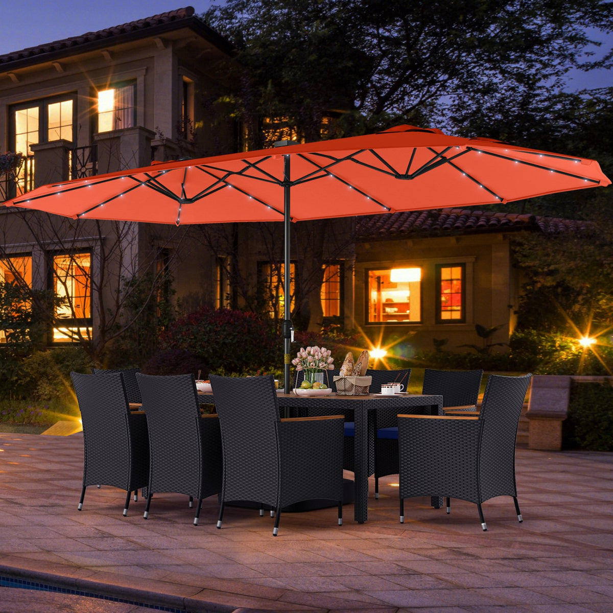 11 Pieces Patio Dining Set with LED Patio Umbrella with Base and Seat Cushions (Navy)-Orange view 3