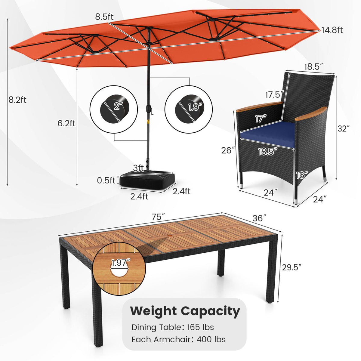 11 Pieces Patio Dining Set with LED Patio Umbrella with Base and Seat Cushions (Navy)-Orange view 5