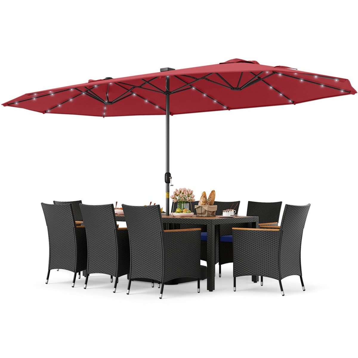 11 Pieces Patio Dining Set with LED Patio Umbrella with Base and Seat Cushions (Navy)-Wine view 4