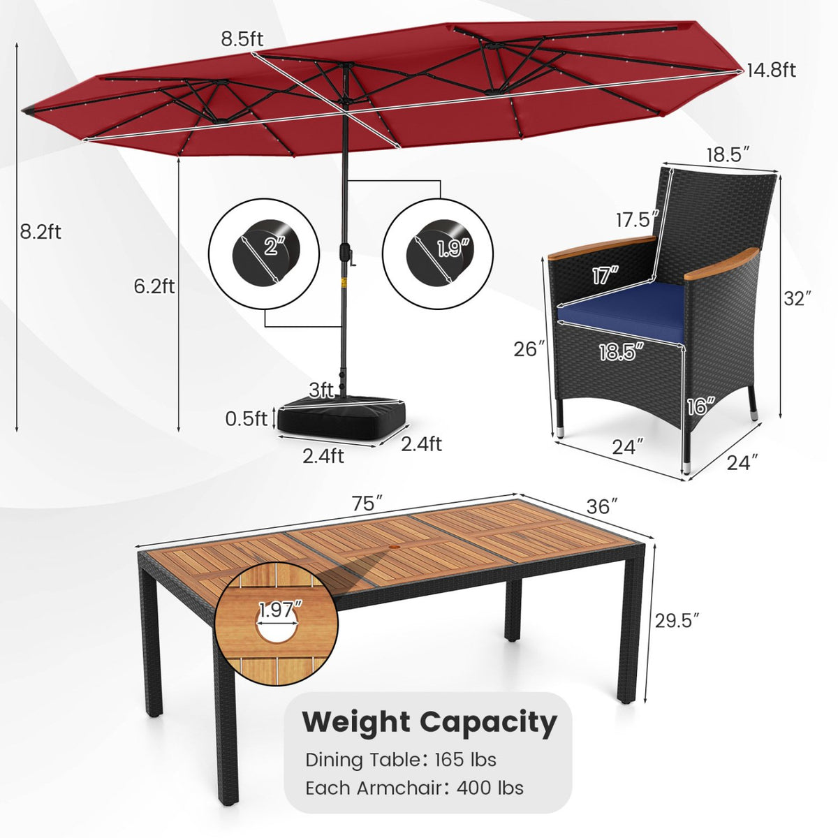 11 Pieces Patio Dining Set with LED Patio Umbrella with Base and Seat Cushions (Navy)-Wine view 5