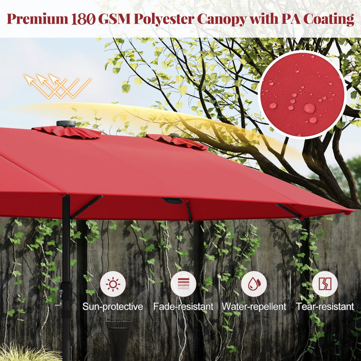 11 Pieces Patio Dining Set with LED Patio Umbrella with Base and Seat Cushions (Navy)-Wine view 7