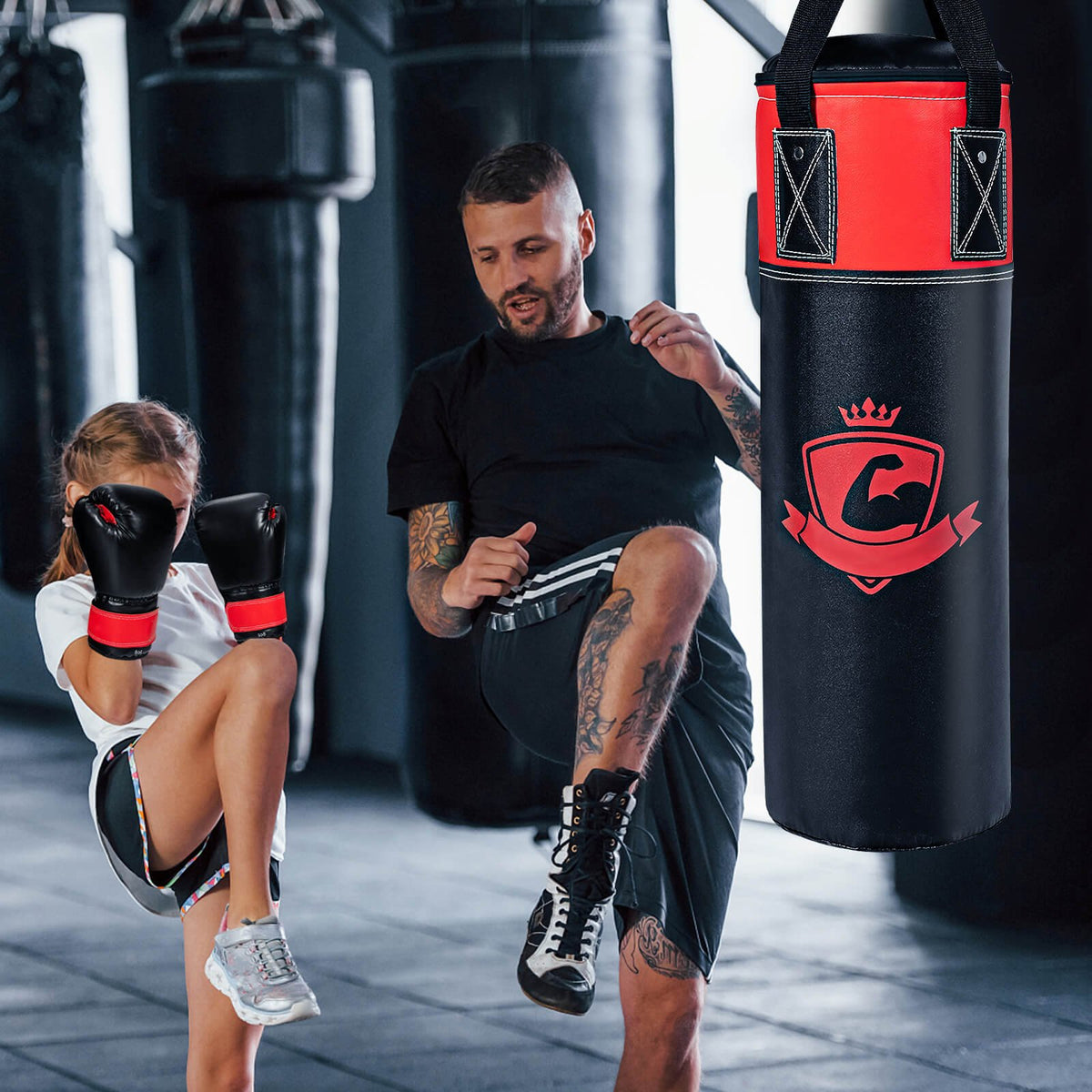 11 Pounds Kids Hanging Punching Bag Set with Punching Gloves-Black view 2
