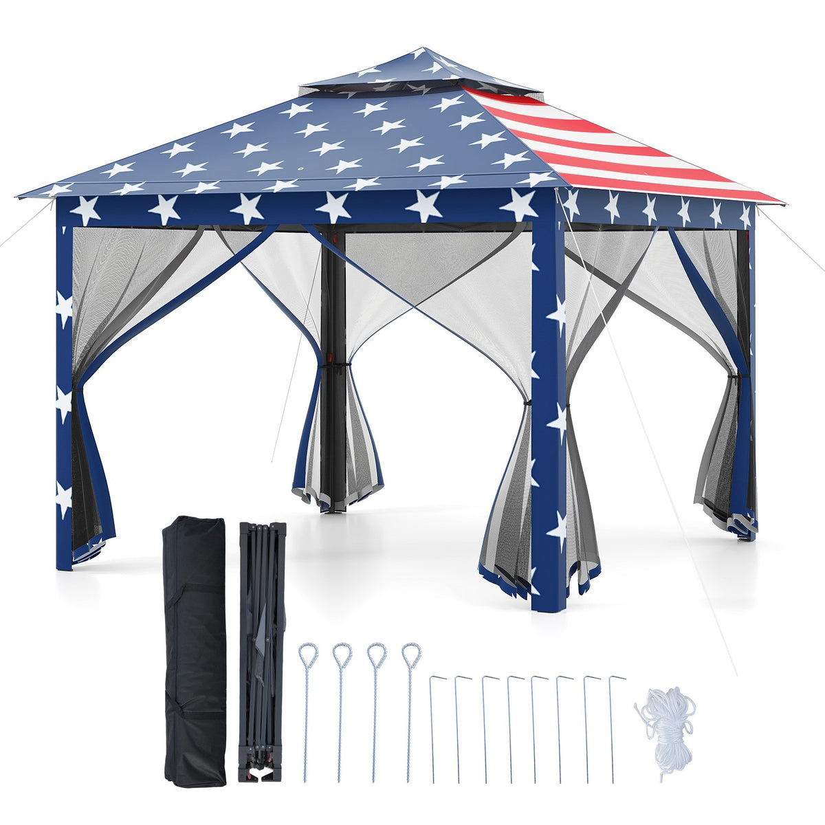 11 x 11 Feet 2-Tier Pop-Up Gazebo Tent Portable Canopy Shelter Carry Bag Mesh-Blue