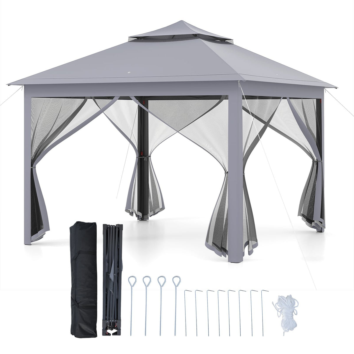 11 x 11 Feet 2-Tier Pop-Up Gazebo Tent Portable Canopy Shelter Carry Bag Mesh-Gray