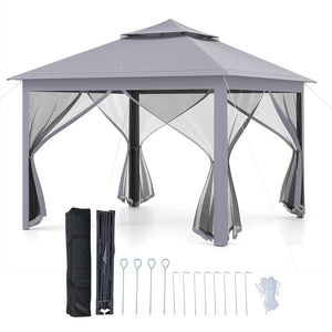 11 x 11 Feet 2-Tier Pop-Up Gazebo Tent Portable Canopy Shelter Carry Bag Mesh-Gray