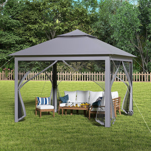 11 x 11 Feet 2-Tier Pop-Up Gazebo Tent Portable Canopy Shelter Carry Bag Mesh-Gray view 2