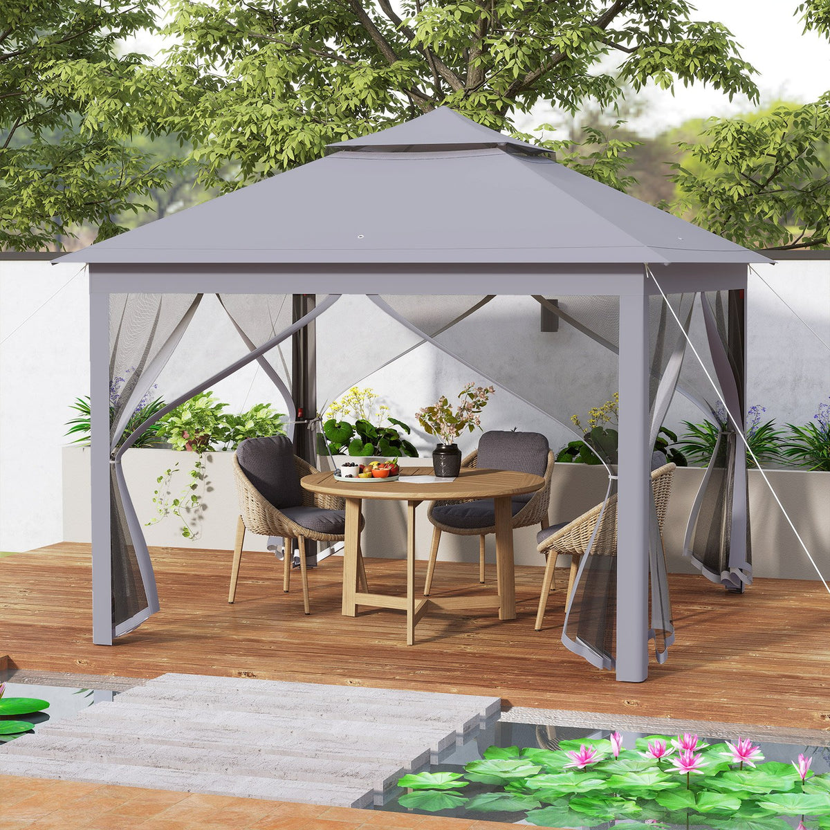 11 x 11 Feet 2-Tier Pop-Up Gazebo Tent Portable Canopy Shelter Carry Bag Mesh-Gray view 3