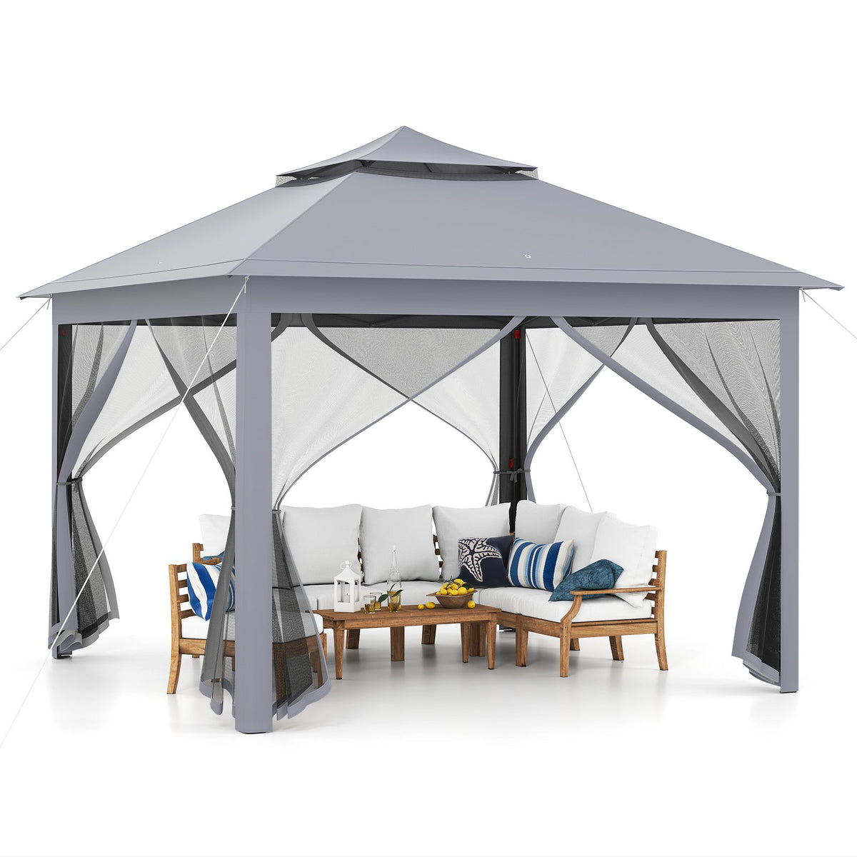 11 x 11 Feet 2-Tier Pop-Up Gazebo Tent Portable Canopy Shelter Carry Bag Mesh-Gray view 4