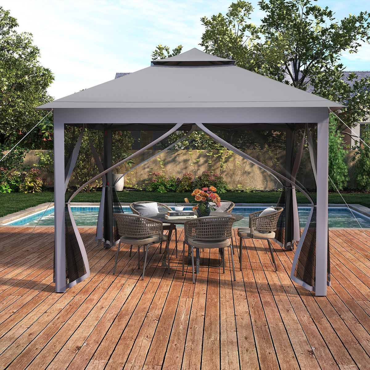 11 x 11 Feet 2-Tier Pop-Up Gazebo Tent Portable Canopy Shelter Carry Bag Mesh-Gray view 6
