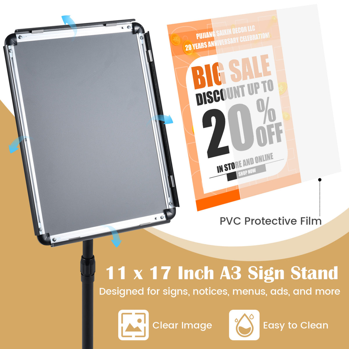 11 x 17 Inch Height Adjustable Sign Holder Stand with Snap-Open Frame-Black view 5
