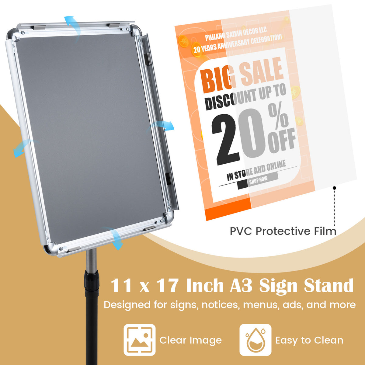 11 x 17 Inch Height Adjustable Sign Holder Stand with Snap-Open Frame-Silver view 7