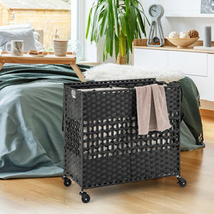 110L 2-Section Laundry Hamper with 2 Removable and Washable Liner Bags-Black view 3