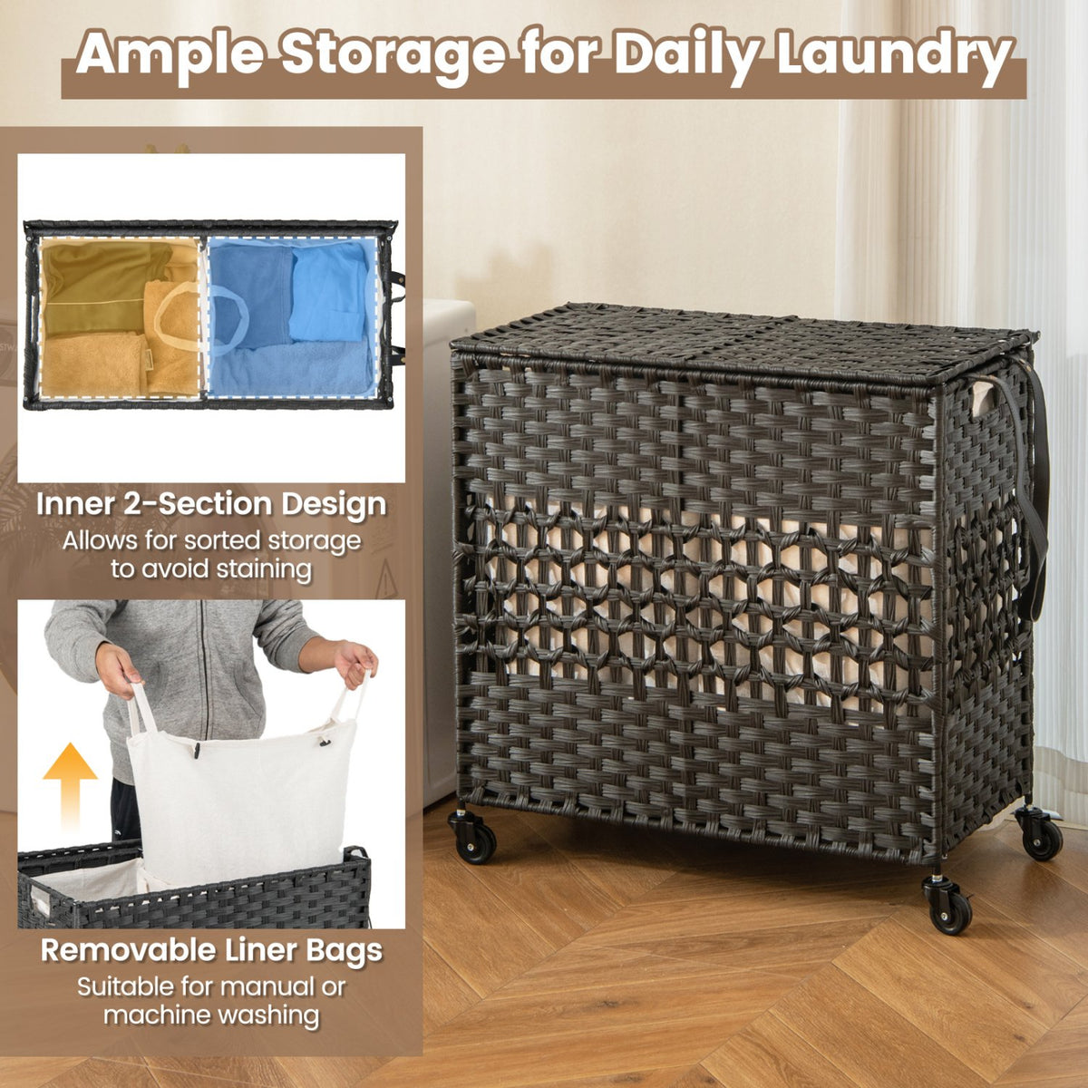 110L 2-Section Laundry Hamper with 2 Removable and Washable Liner Bags-Black view 6