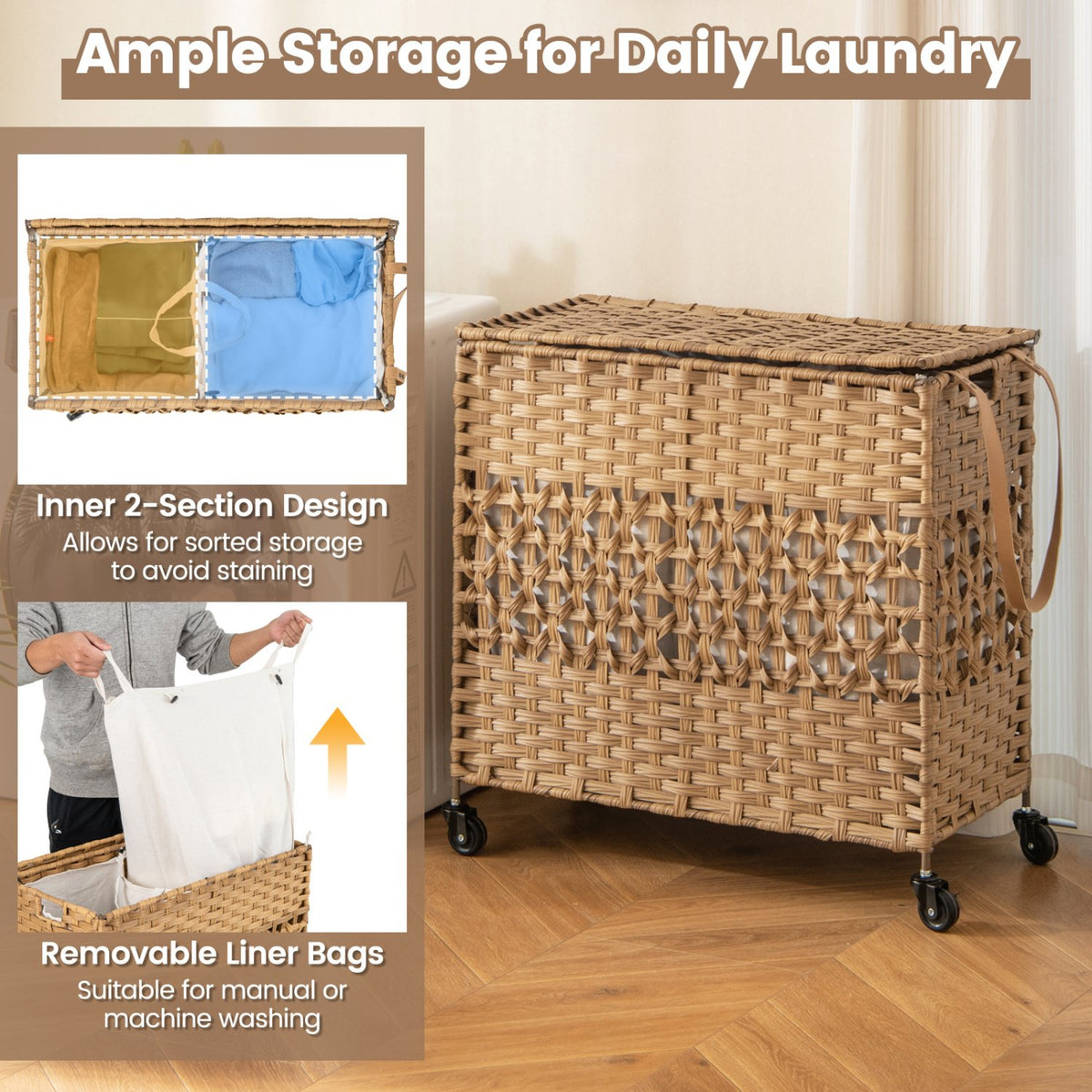 110L 2-Section Laundry Hamper with 2 Removable and Washable Liner Bags-Natural view 6