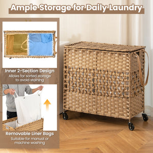 110L 2-Section Laundry Hamper with 2 Removable and Washable Liner Bags-Natural view 6