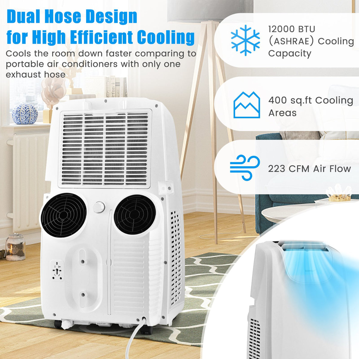 12000 BTU Dual Hose Portable Air Conditioner with Remote Control-White view 4