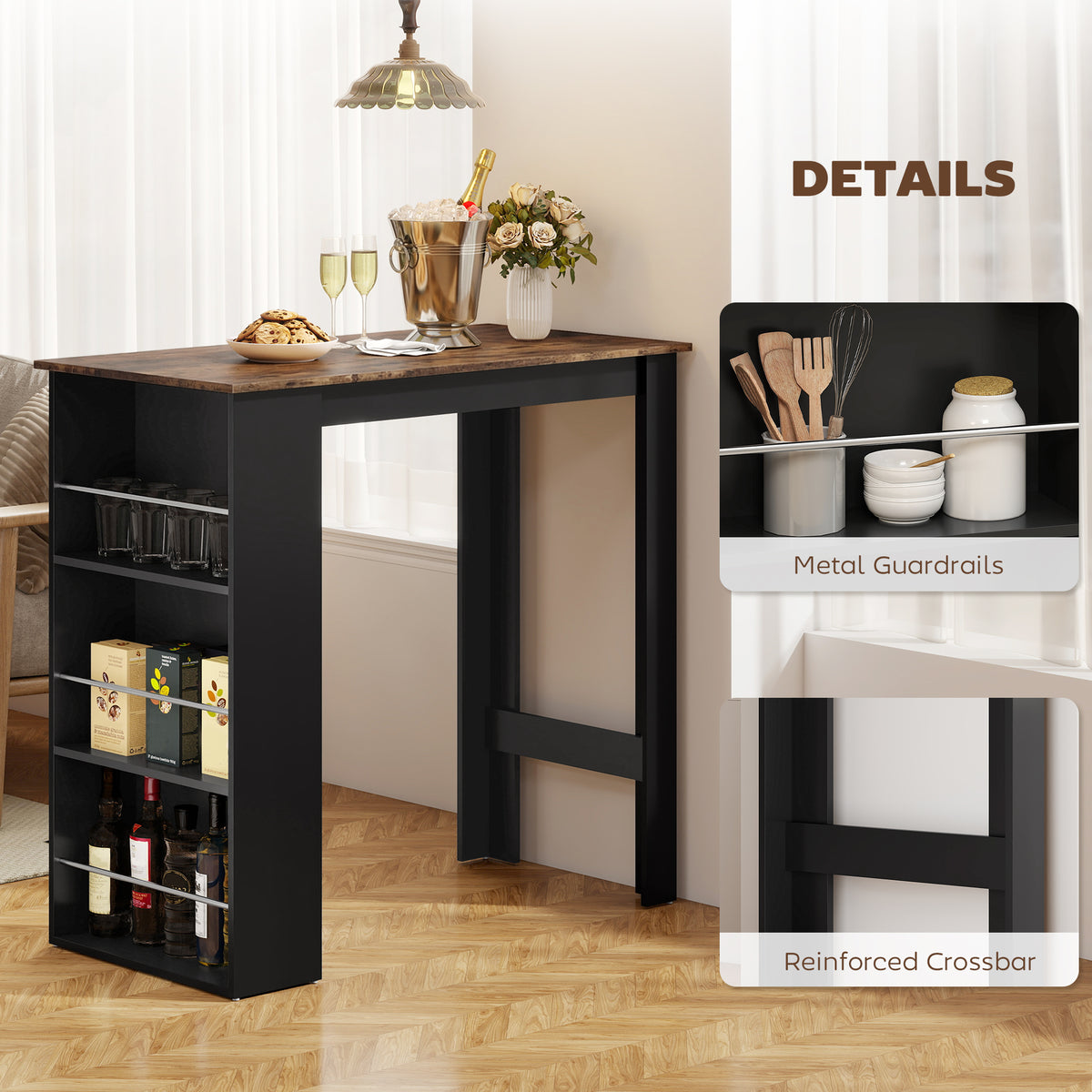 Bar Table Counter Height Dining Table with 3 Storage Shelves for Kitchen, Dining Room, Living Room, Natural