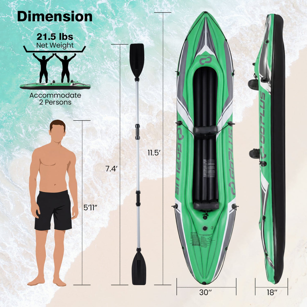 11.5 Feet Inflatable Kayak 2 Person Heavy Duty with Aluminum Paddles-Green view 4