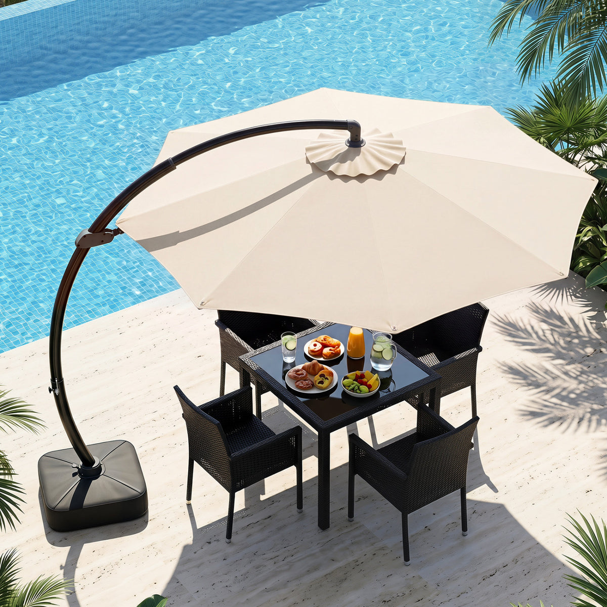 11 FT Cantilever Patio Umbrella with Base with 360° Rotation and Tilt Adjustment-Beige view 3