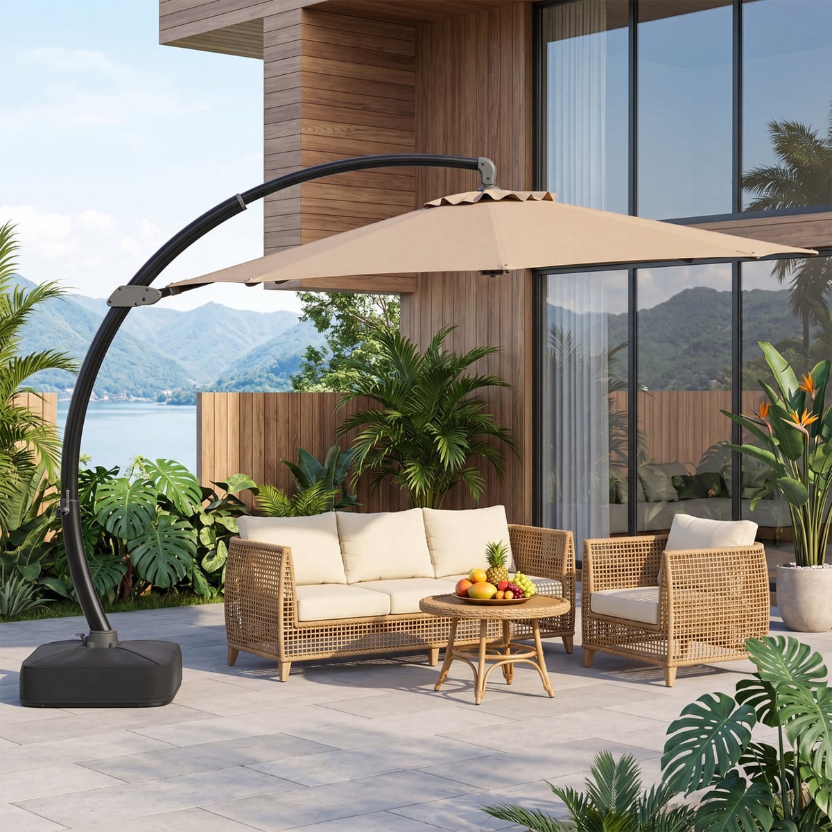 11 FT Cantilever Patio Umbrella with Base with 360° Rotation and Tilt Adjustment-Brown view 3