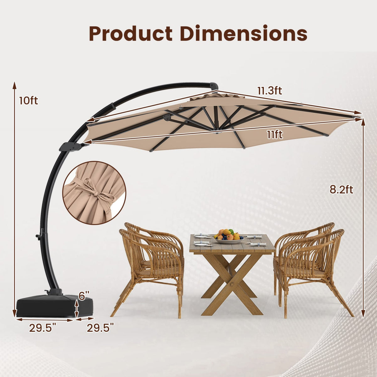 11 FT Cantilever Patio Umbrella with Base with 360° Rotation and Tilt Adjustment-Brown view 5