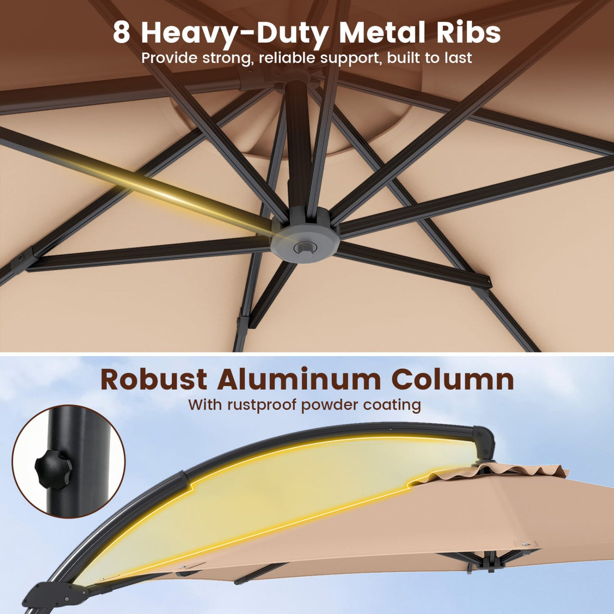 11 FT Cantilever Patio Umbrella with Base with 360° Rotation and Tilt Adjustment-Brown view 8