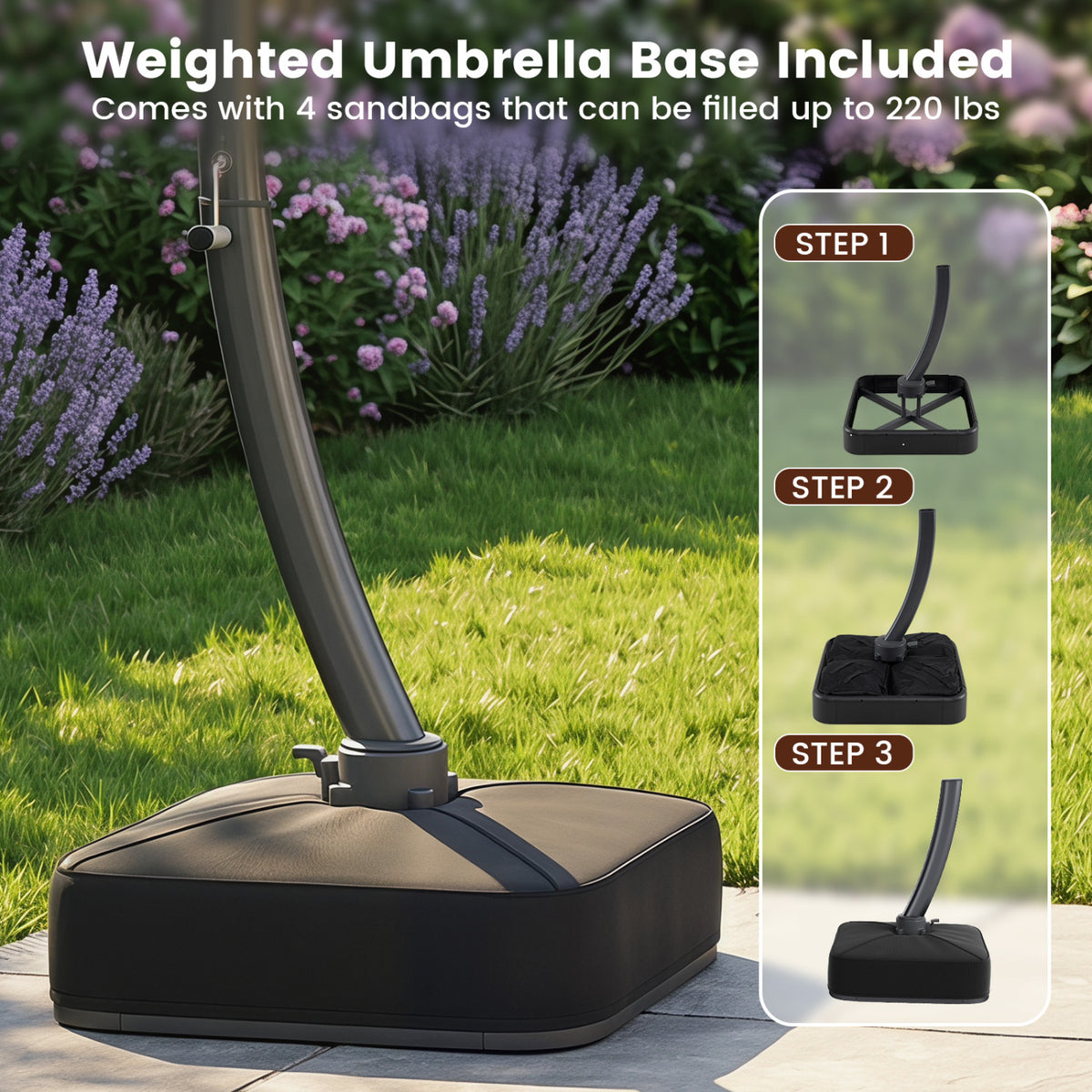 11 FT Cantilever Patio Umbrella with Base with 360° Rotation and Tilt Adjustment-Brown view 9