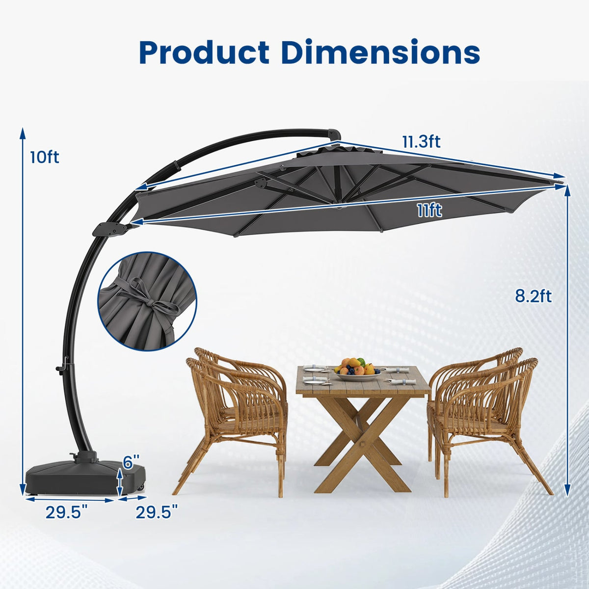 11 FT Cantilever Patio Umbrella with Base with 360° Rotation and Tilt Adjustment-Gray view 5