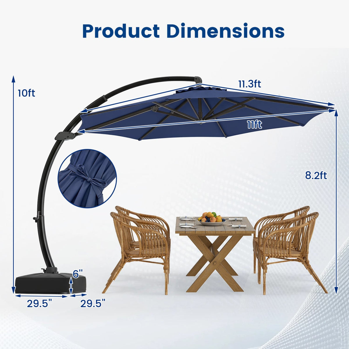11 FT Cantilever Patio Umbrella with Base with 360° Rotation and Tilt Adjustment-Navy view 5