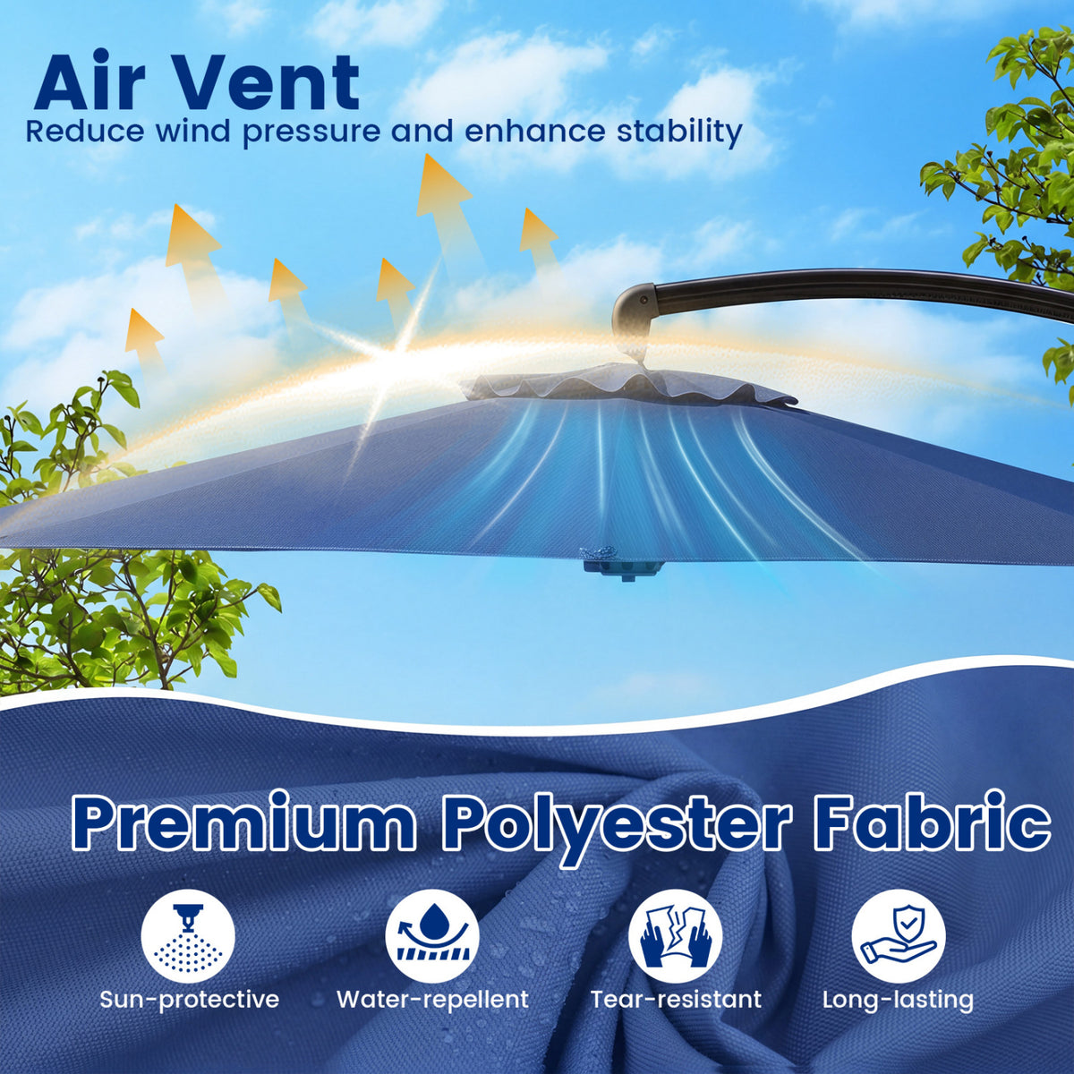 11 FT Cantilever Patio Umbrella with Base with 360° Rotation and Tilt Adjustment-Navy view 7
