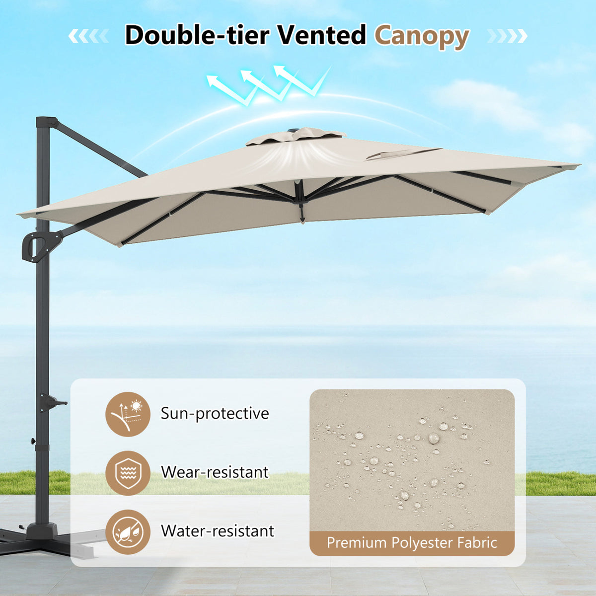11 x 9 FT Cantilever Patio Umbrella with 360° Rotation and Easy Tilt Adjustment-Beige view 7