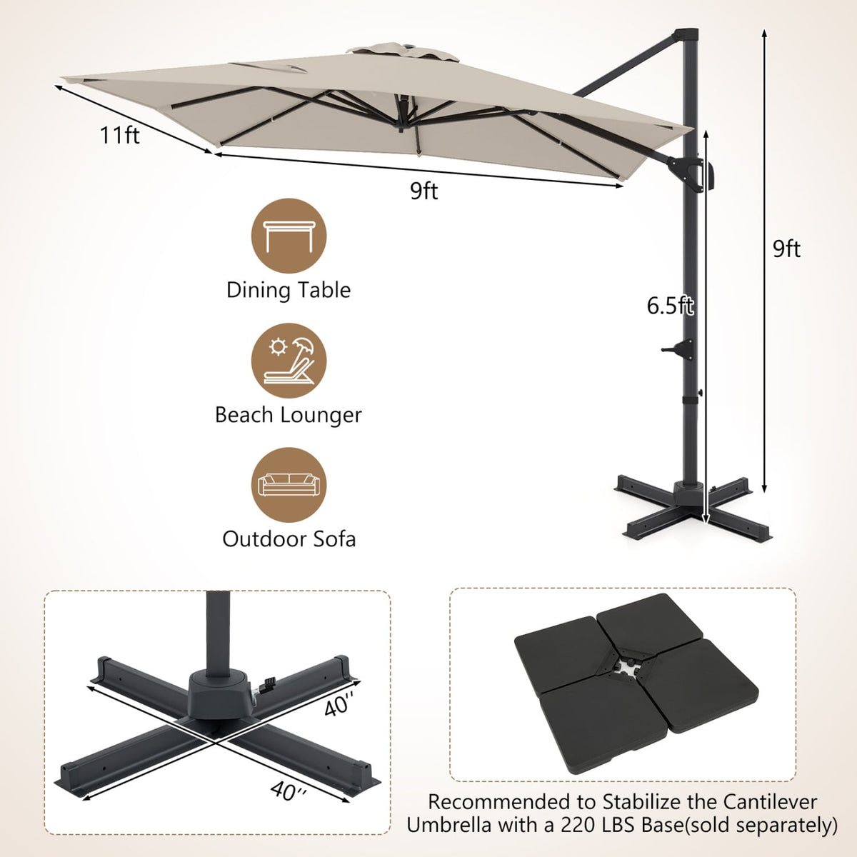 11 x 9 FT Cantilever Patio Umbrella with 360° Rotation and Easy Tilt Adjustment-Beige view 4