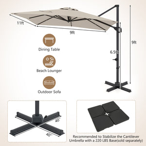 11 x 9 FT Cantilever Patio Umbrella with 360° Rotation and Easy Tilt Adjustment-Beige view 4